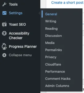 Screenshot of the expanded Settings menu in the WordPress admin. Submenu-item 'General' is highlighted.